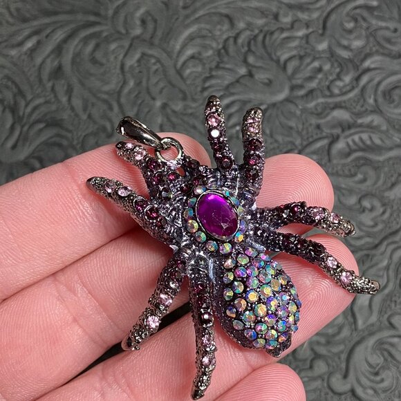 Blingy AB and Purple Rhinestone Tarantula Spider Pendant Ornament Halloween Jewe - Picture 3 of 6